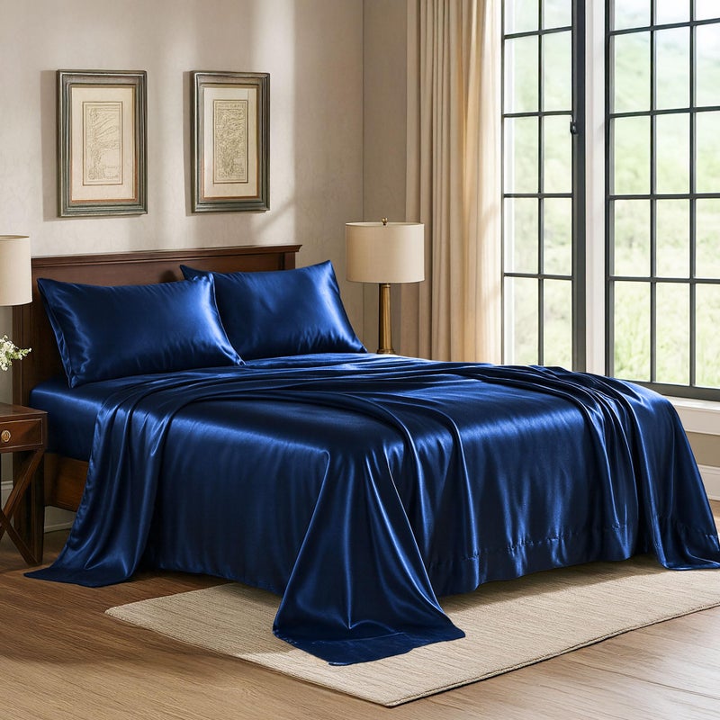 Pure Bedding Satin Sheets Queen [4-Piece, Navy] Hotel Luxury Silky Bed Sheets - Extra Soft 1800 Microfiber Sheet Set, Wrinkle, Fade, Stain Resistant - Deep Pocket Fitted Sheet, Flat Sheet, Pillow Cases - Image 1